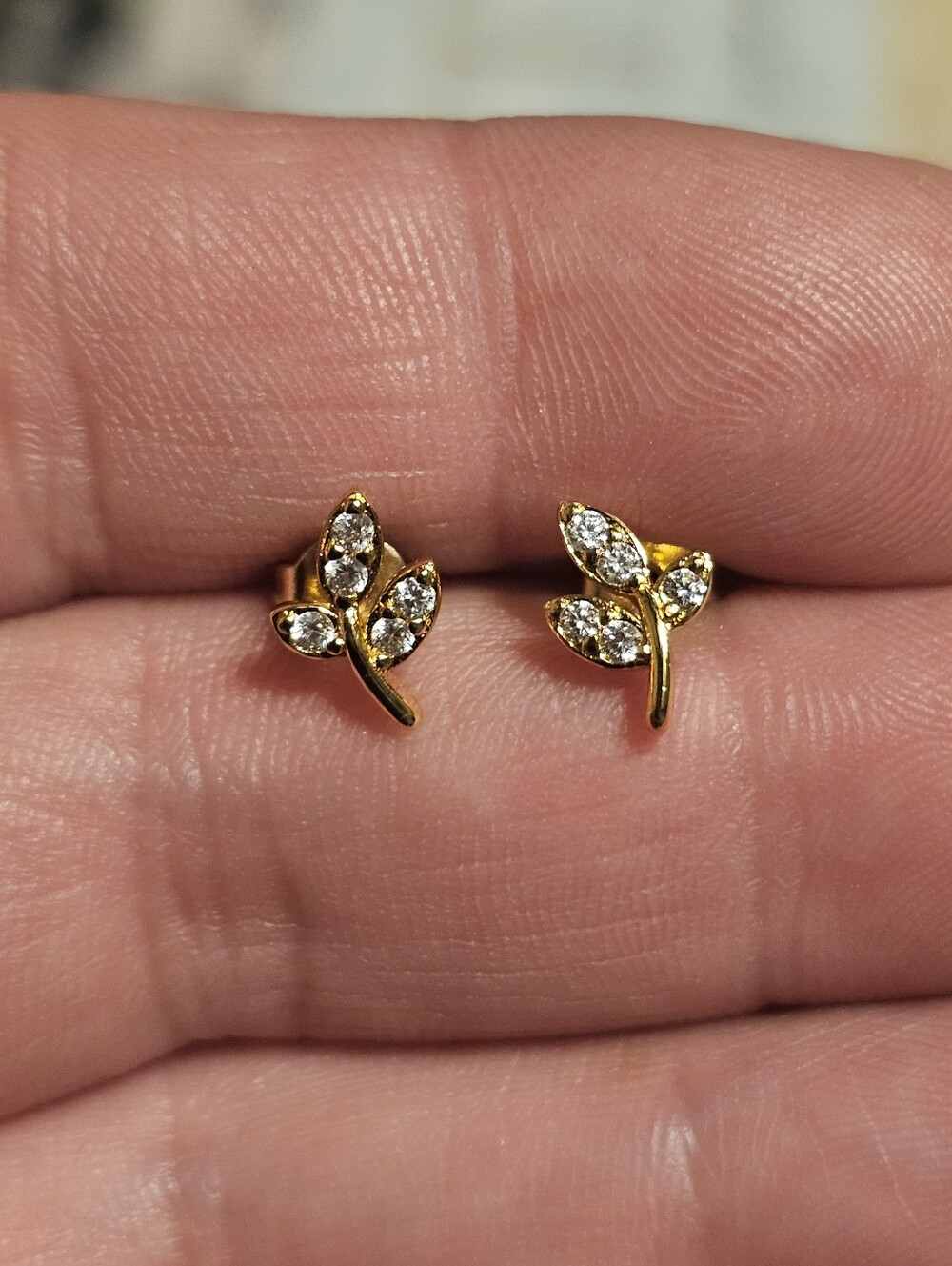 Gold Plated Sterling Silver 925 CZ Leaf Earring Studs